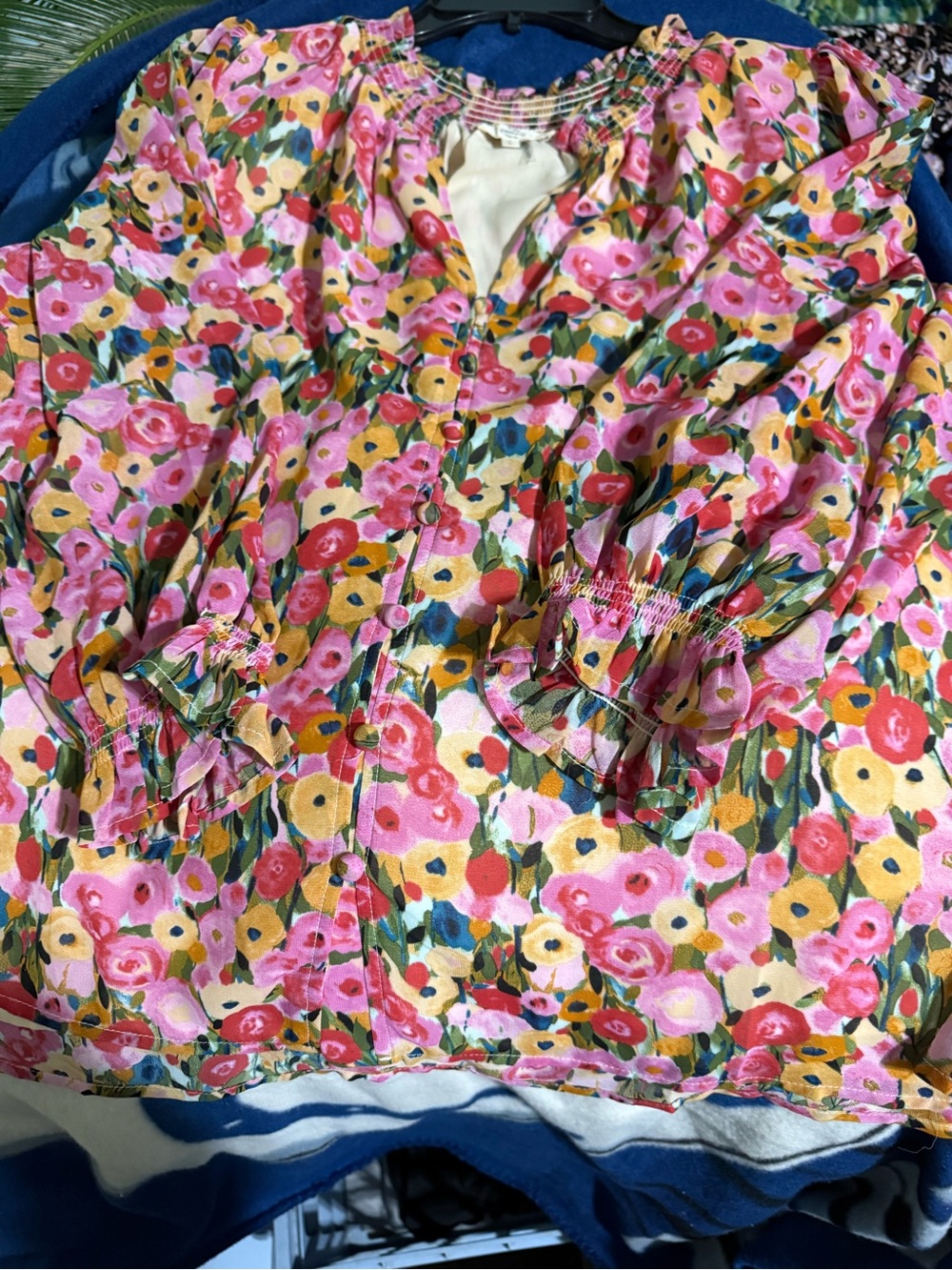 entro Floral Ruffled Neck Blouse in Pink, Yellow & Green
